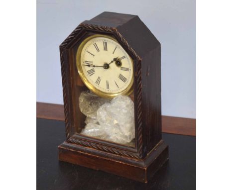 Small oak cased mantel clock with circular Roman chapter ring    