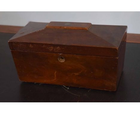 Mahogany sarcophagus shaped caddy box (void interior), 27.5cm wide    