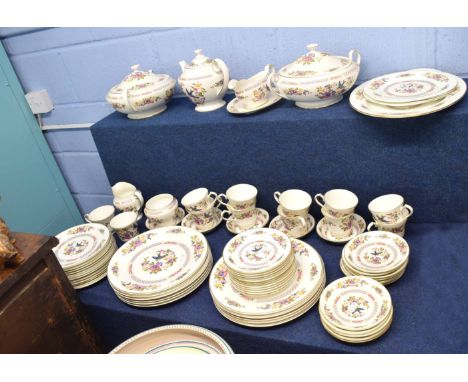 Quantity of Aynsley Capistrano pattern dinner wares including 11 dinner plates, side plates, serving dishes, two tureens and 
