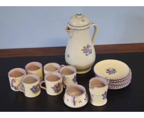 Mid-20th century Poole Pottery coffee set comprising coffee pot and cover, milk jug and sugar bowl, together with six coffee 