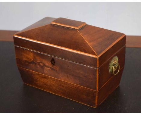 19th century mahogany sarcophagus shaped tea caddy with two compartments, 20cm wide    