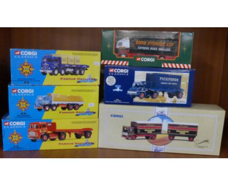 Four Corgi Classics vehicles, a Corgi Eddie Stobart lorry and a Corgi Houseman truck and trailer, all boxed
