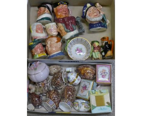 Small Toby jugs including Royal Doulton, shells, trinket boxes, Wade Whimsies, etc.