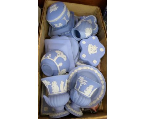 A collection of Wedgwood Jasperware trinket boxes, dishes, urns, etc.