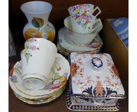 An E. Radford vase, a Staffordshire butter dish and a Nosegay Staffordshire part tea set