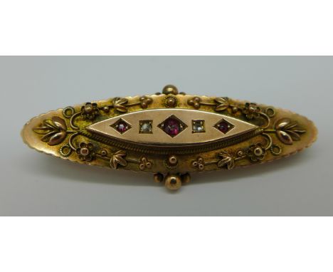 A Victorian 9ct gold, diamond and ruby brooch, Chester 1899, 4.5g
