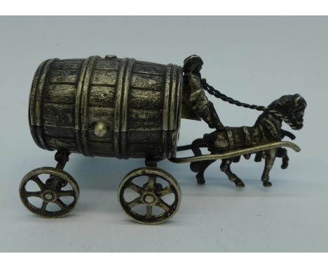 A novelty German silver carriage/trinket box in the form of a barrel, mark for Wertheim, 8cm long