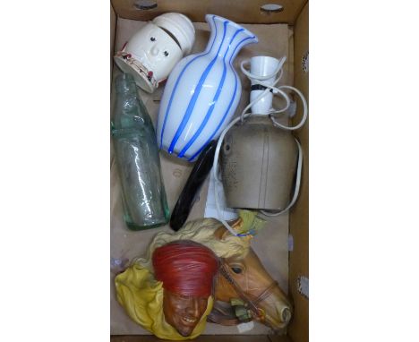 A Poole table lamp, a Bosson head figure, cod bottle, glass vase, a papier mache spectacle holder and a Sylvac shaker