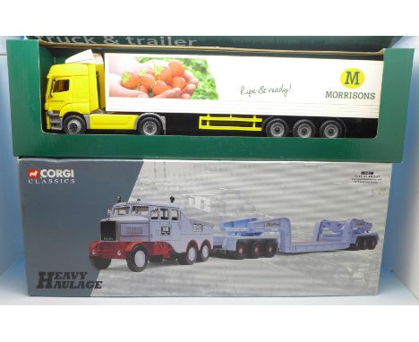 A Corgi 17601 Scammell Constructor and 24-Wheel Low Loader, and a Morrisons truck and trailer, both boxed