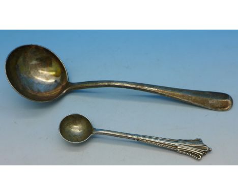 A silver ladle and a Victorian silver mustard spoon, 91g