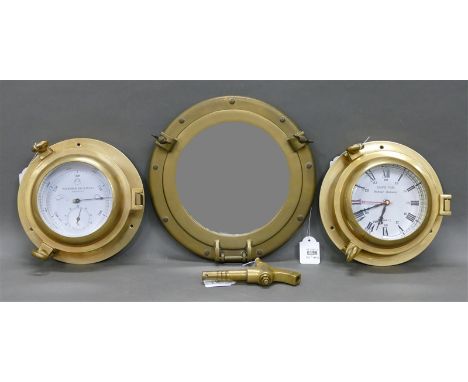 Nautisches Konvolut, Messing, Schiffsuhr und Schiffsthermometer/Barometer Rickmer Rickmers, Bullauge mit Spiegel, Zapfhahn, d