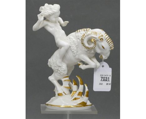 Porzellanfigur , Manufaktur Hutschenreuther, Putto auf Ziegenbock, Entwurf K. Tutter, beschädigt, grüne Bodenmarke, h 19 cm