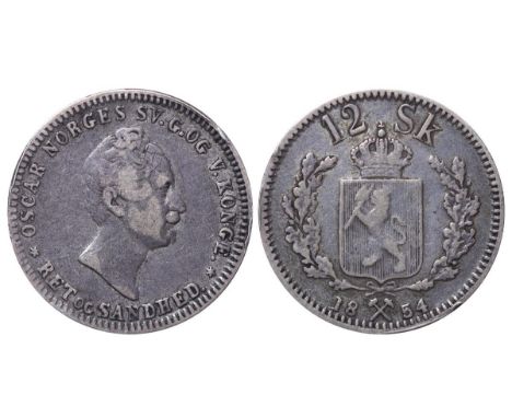 Norway, King Oscar I (1844-1859), 12 skilling, 1854 year, Silver, 2,89 gr, KM#314.2, Mintage 301.000