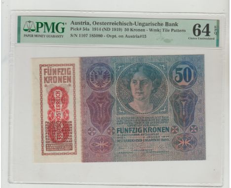 Austria, Oesterreichisch-Ungarische BankPick# 54a 1914 (ND 1919) 50 Kronen - Wmk: Tile Pattern S/N 1107 185080 - Ovpt. on Aus