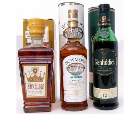 Bowmore Legend Single Malt Scotch Whisky, 700ml in tube, Glenfiddich 12yo "Our Signature Malt", 70cl in tin, Keo Five Kings R