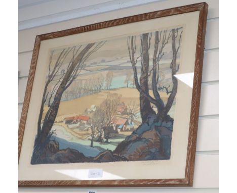 Concord and Cavendish Morton, woodblock print, Appley Farm, Isle of Wight, signed in pencil, 41 x 52cm