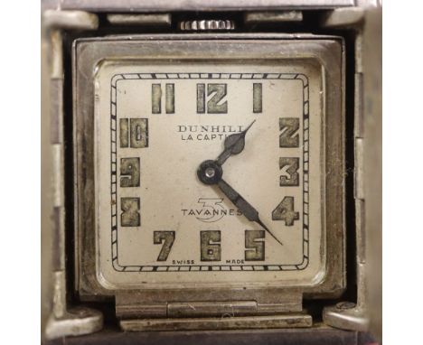 A late 1920's Dunhill La Captive engine turned silver travelling watch, by Tavannes Watch Co. with Arabic dial, 46mm.CONDITIO