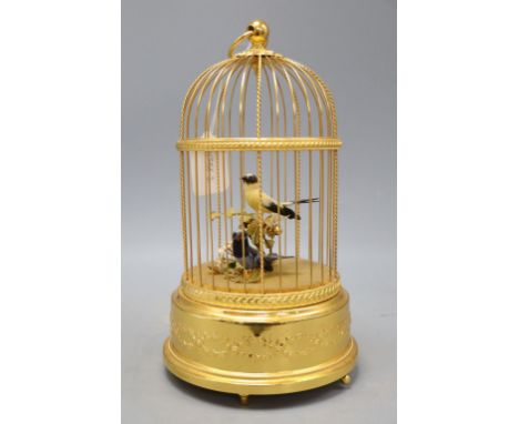 A two bird automaton in gilt metal cage, height 28cm