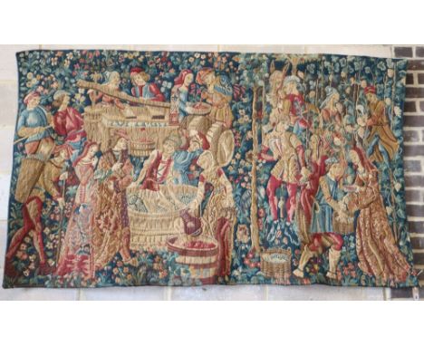 A 17th century style polychrome tapestry wall hanging, W.200, H.115cm