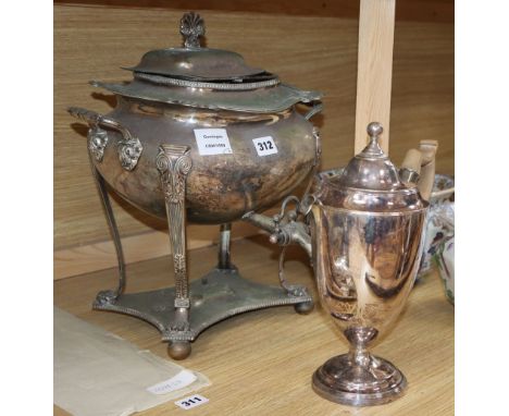 A plated lamp, a tea urn and a hot water jug