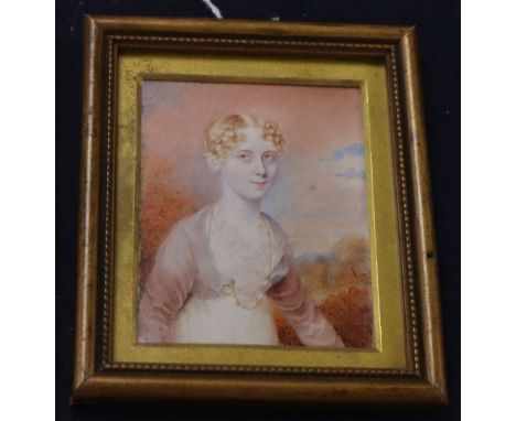 Attributed to Thomas Hargreaves (1774-1847), a miniature watercolour portrait of a young lady in a landscape setting, 9 x 7cm