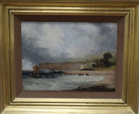 19th century English School, oil on wooden panel, Coastal landscape sketch, 30 x 40cm
