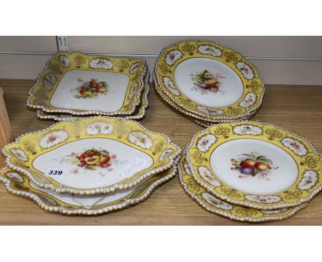 Ten Royal Worcester bone china yellow ground plates