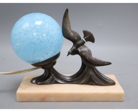 An Art Deco lamp of seagulls on marble stand and blue shade, height 17cm