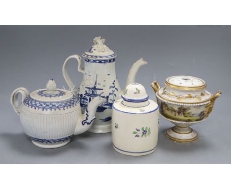Two English blue and white tea / coffee pots, a Derby type pot pourri and a porcelain caddy