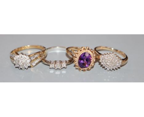 Three assorted modern 9ct gold and diamond set dress rings and a 9ct gold and amethyst ring, gross 10.8 grams.