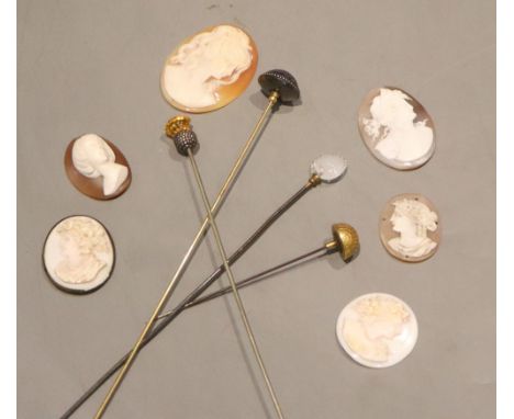 Four assorted mounted metal hatpins including amethyst and six carved cameo shells, five unmounted, largest 46mm.