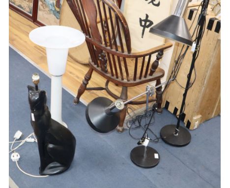 Two 70's lamps and a cat table lamp and white lamp