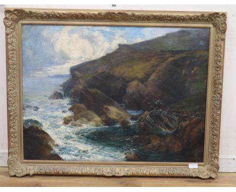 Alfred Swatkins (Exh.1888-1923) oil on canvas, Coastal landscape with fishing boat, signed, a harvest scene sketch verso, 75 