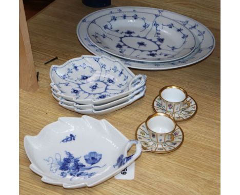 A Royal Copenhagen part dinner service, leaf dish and two cups and saucers 80