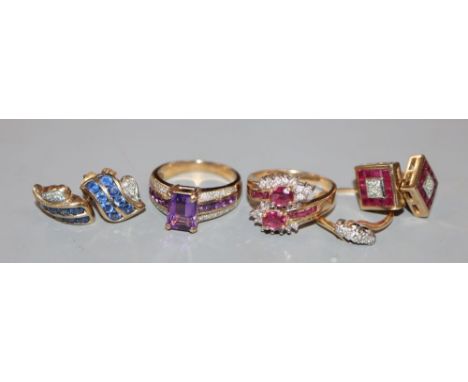 A modern 14k, ruby and diamond set dress ring, size M, gross 5 grams, an 18ct and small diamond ring, gross 1.6 grams, a 9ct 