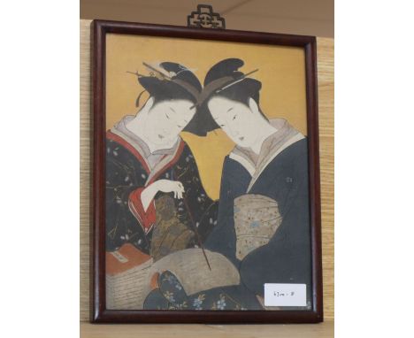 A reproduction of a woodblock print in an Asian hardwood frame, aperture 30.5 x 24cm.