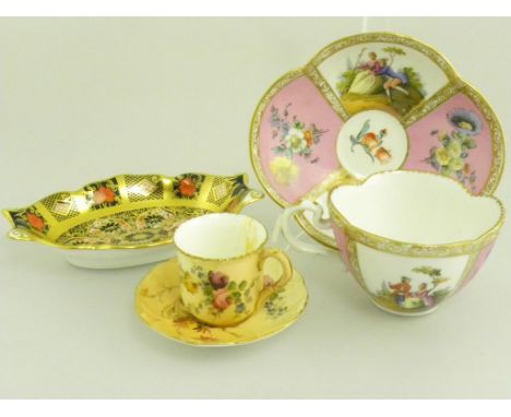 A ROYAL CROWN DERBY IMARI PIN TRAY, A GERMAN PORCELAIN PINK GROUND CABINET CUP AND SAUCER AND A ROYAL WORCESTER MINIATURE TEA