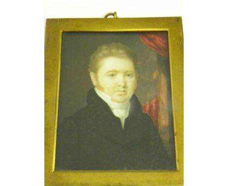 ENGLISH SCHOOL, 19TH CENTURY PORTRAIT MINIATURE OF A GENTLEMAN, IVORY, GILT BRASS FRAME