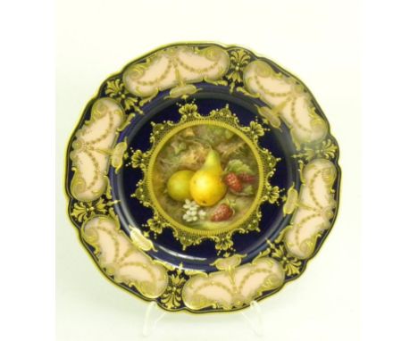 A ROYAL WORCESTER COBALT GROUND PLATE, PAINTED TO THE CENTRE WITH RASPBERRIES, PEARS AND BLOSSOM IN RAISED GILT FRAME AND PAN