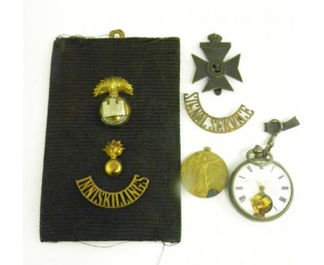 WORLD WAR ONE, VICTORY MEDAL, 1950 PTE J MILLS STAFF R, A CONTEMPORARY CAP BADGE, TWO OTHERS AND TWO SHOULDER TITLES AND A SI