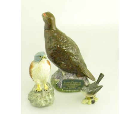 A BESWICK SCOTCH GROUSE WHISKY DECANTER AND STOPPER MADE FOR MATTHEW GLOAG & SON LTD AND TWO BESWICK BIRDS