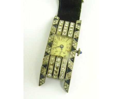 AN ART DECO WHITE AND BLUE PASTE SET SILVER COCKTAIL WATCH, FRENCH CONTROL MARKS, C1930