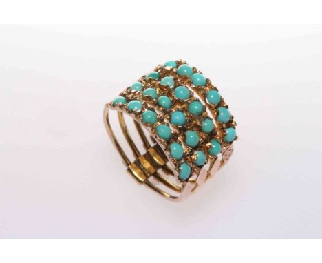 Turquoise ring, of four hinged sections, stamped 14