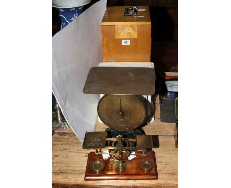 Cased microscope, Belmont scale and two sets of postal scales