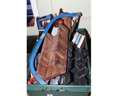 Box of assorted tools including saws, chisels, mitre blocks, rasps, clamps, etc