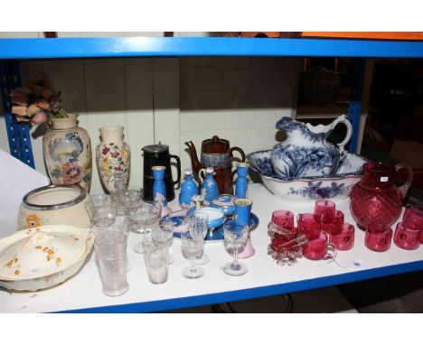Cranberry glassware, toilet jug and basin, vases, trinket set, etc