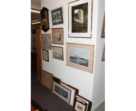 Collection of framed paintings and prints including Peter Scott signed print, map prints, Georgian style mirror, etc