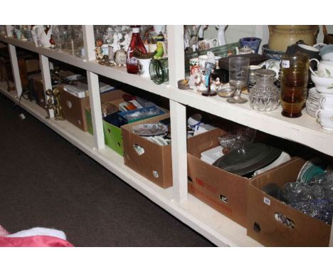 Full shelf of glass, china, collectors plates, metalwares, fire irons and dogs, piano stool and pictures, etc