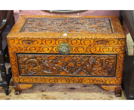 Oriental carved camphorwood trunk, 61cm by 100cm