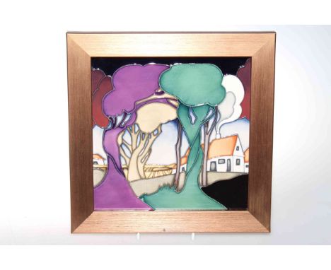 A Moorcroft 'Peggys House' plaque, first quality, framed, overall 25.5cm by 25.5cm
